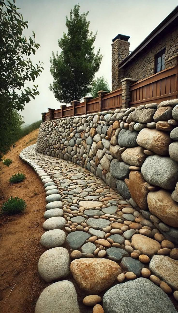 Curved stone pathway alongside a stone wall with a wooden fence, house, and trees in background.