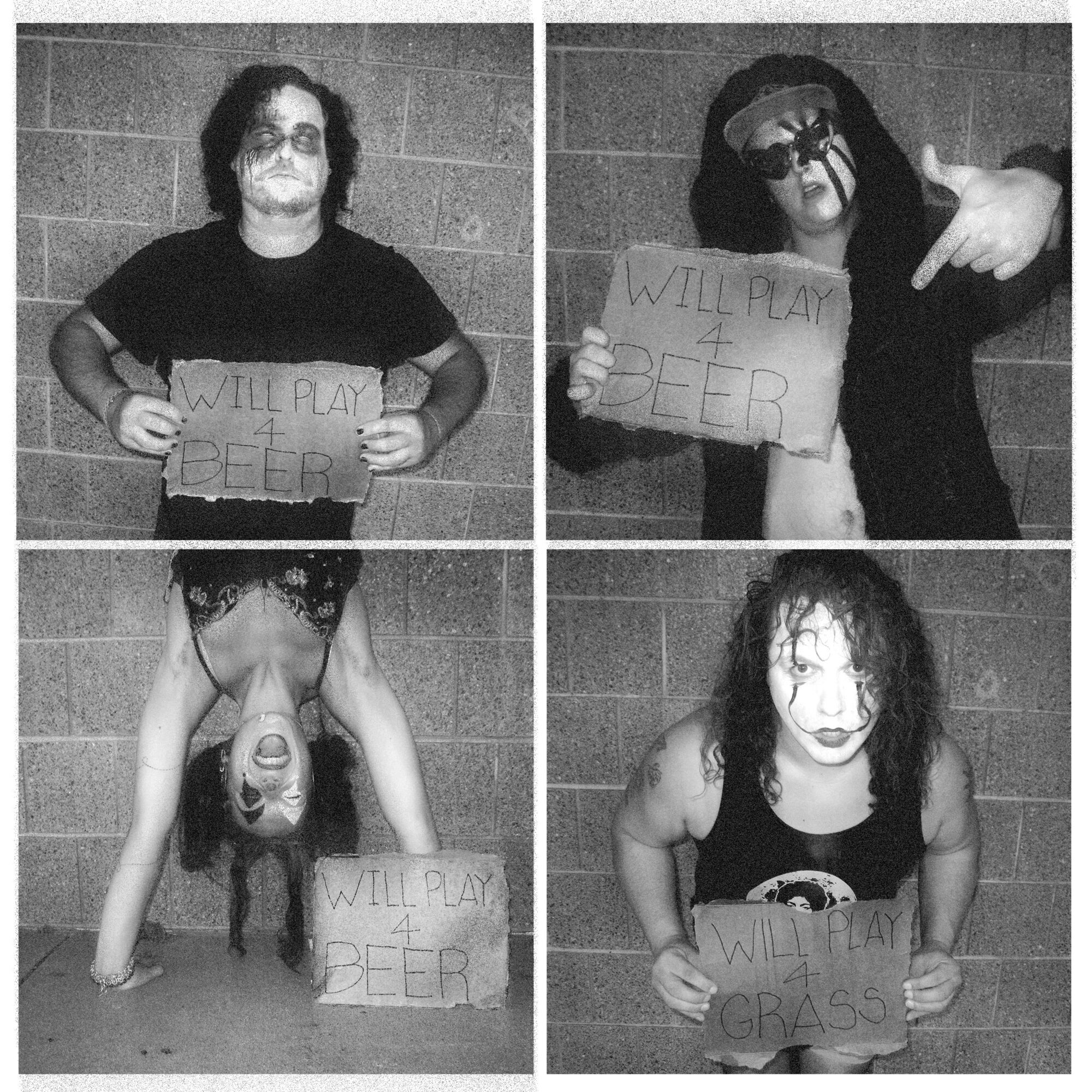 Four people holding signs, one upside down, with various poses and expressions, in black and white. One sign reads 