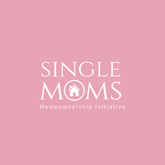 Pink background with white text reading 'Single Moms' and a house icon inside the letter 'O'.