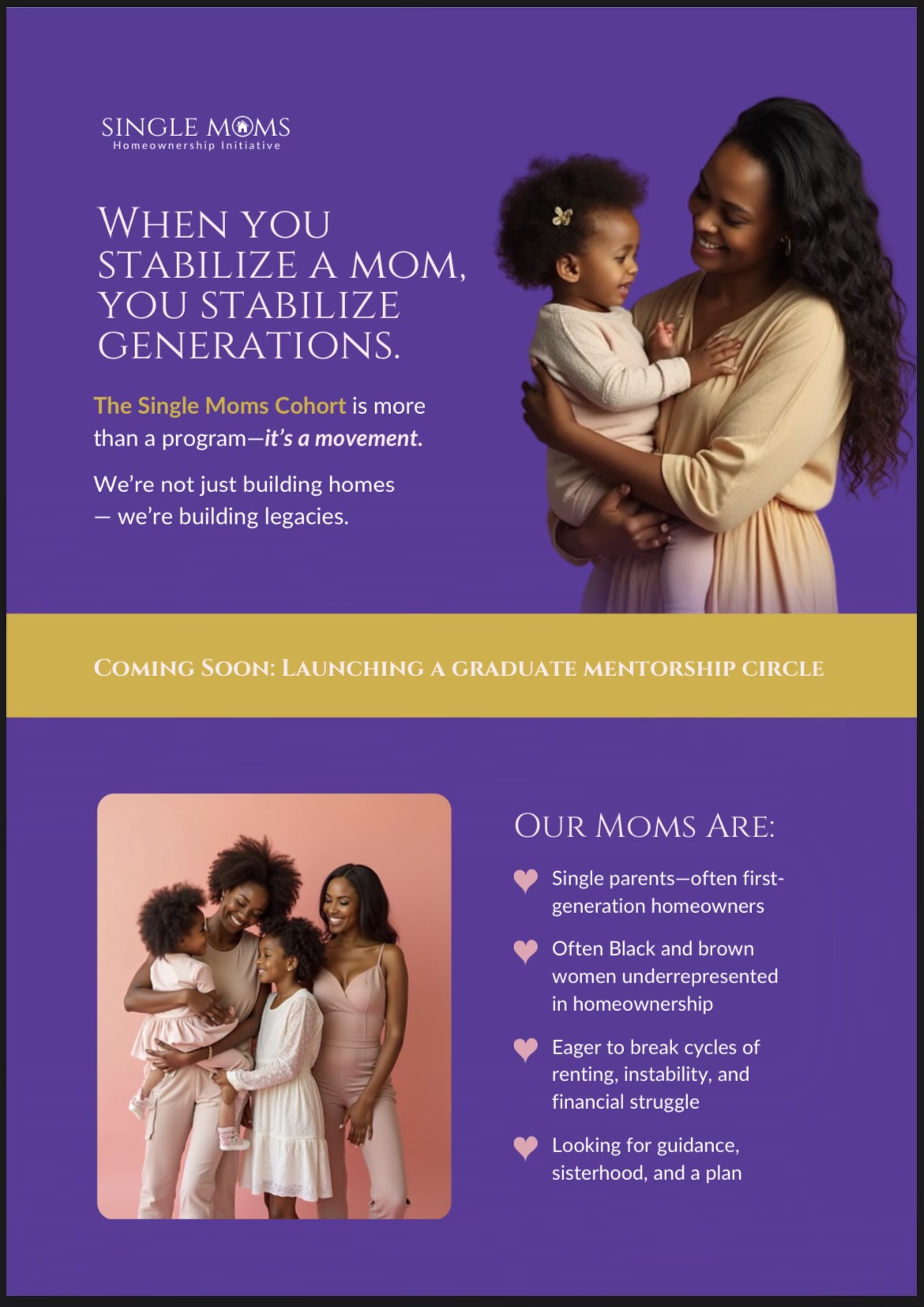 Two women holding children, standing against a purple background with text about motherhood and a mentorship circle.