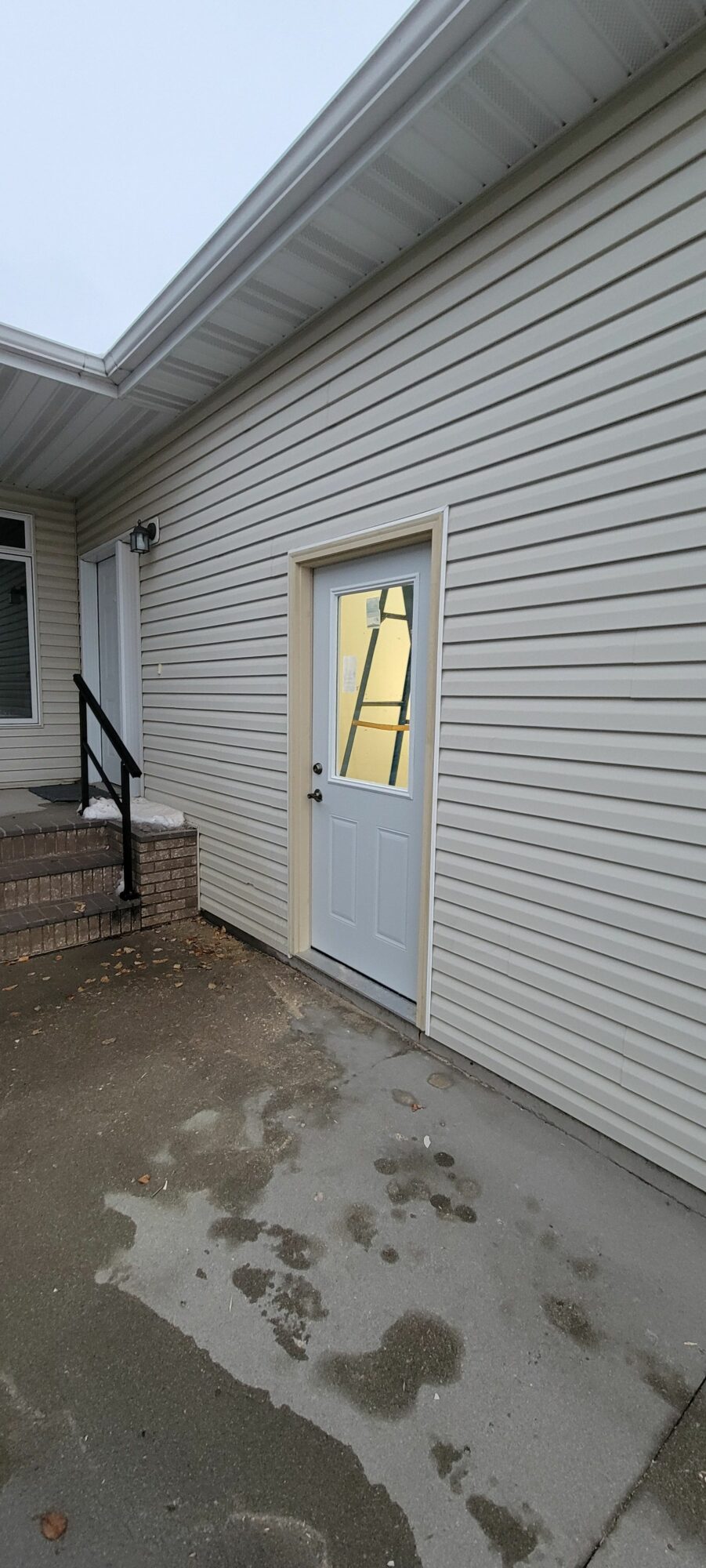 Exterior wall with white siding, door with window, steps, and a small concrete area with stains.
