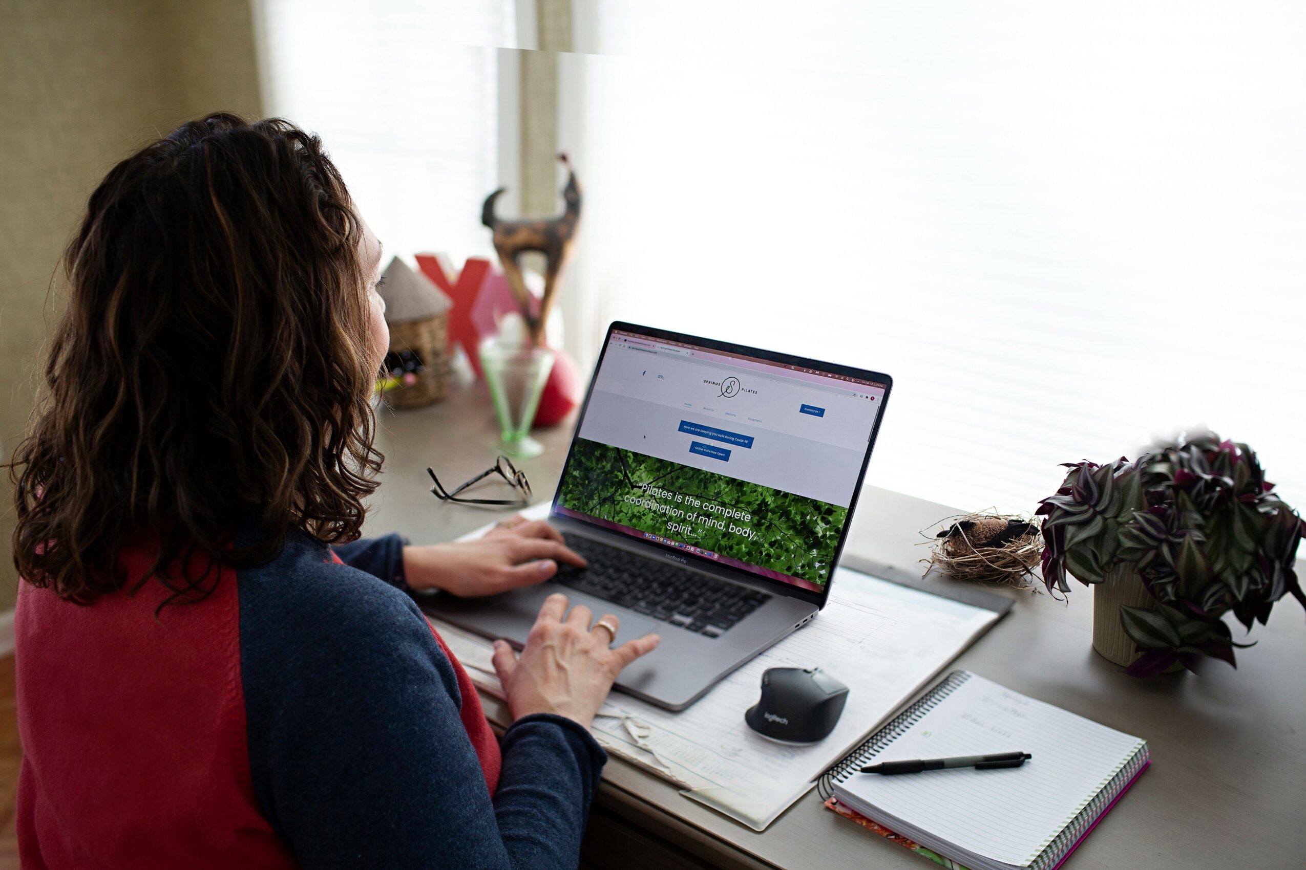 Woman with curly hair working on a laptop at a desk with a notebook, pen, and potted plant.