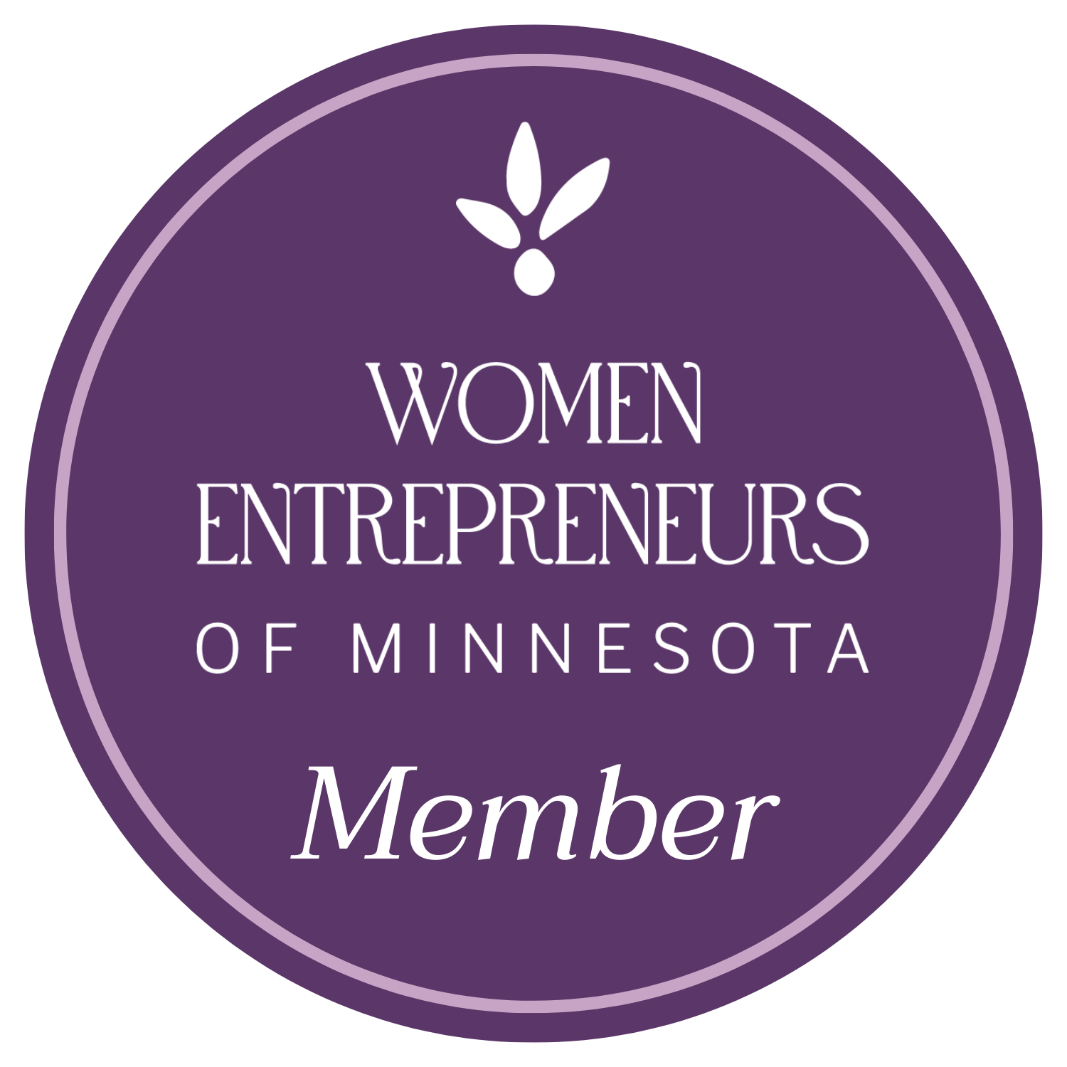 Purple circular badge with white text and a leaf symbol, reading 'Women Entrepreneurs of Minnesota Member'.