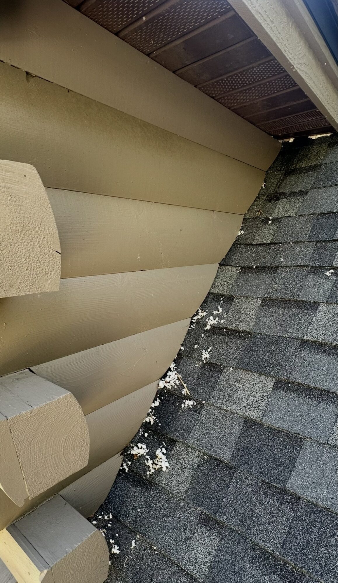 Close-up of a roof with gray shingles and beige siding, showing snow or ice accumulation along the edge.