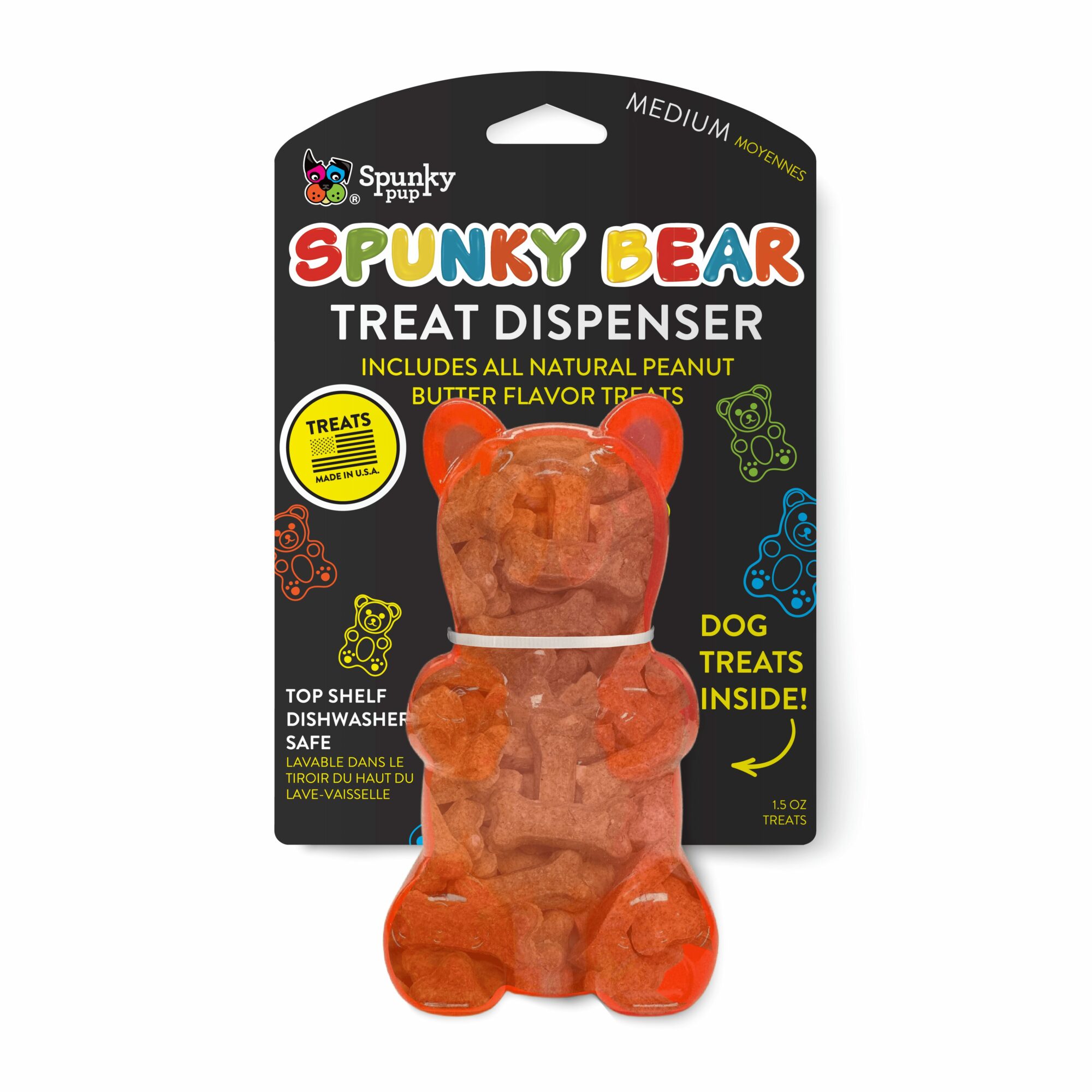 Dog-shaped treat dispenser with orange and red colors, packaging labeled Spunky Bear, treats inside, designed for dogs.