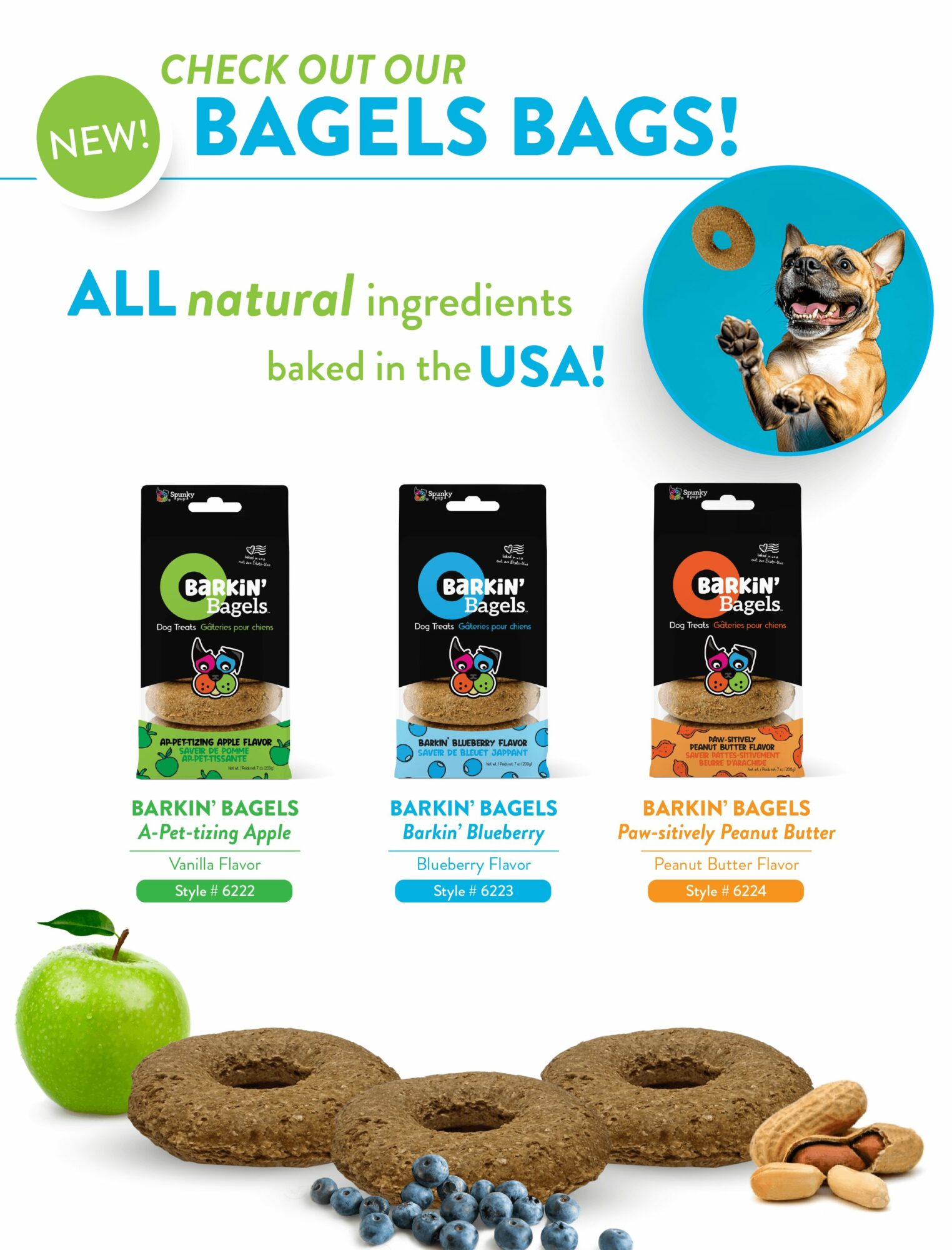 Three bags of Barkin' Bagels dog treats, green apple, cookies, and almonds on a white background.