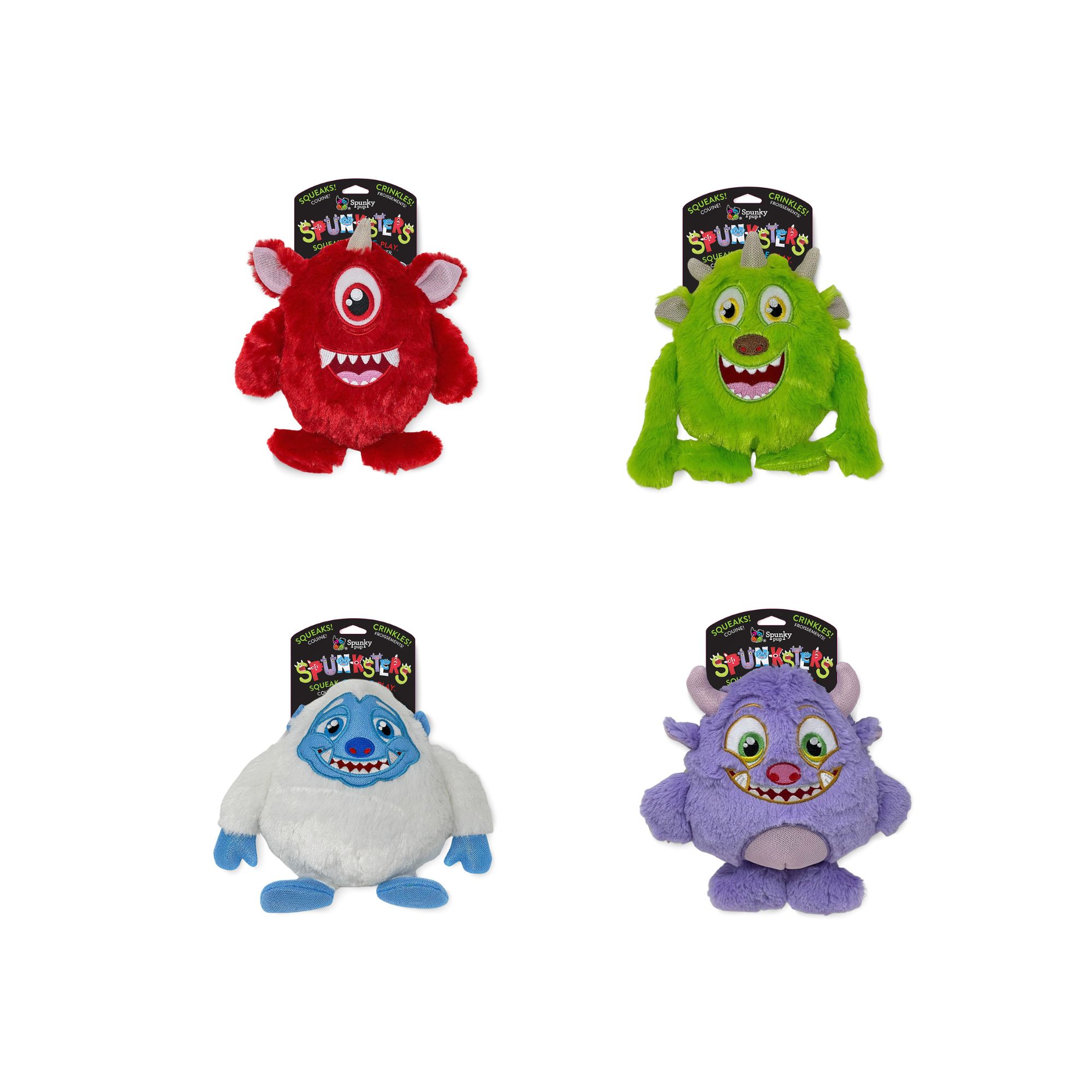 Four colorful plush monster toys with tags, arranged in a grid, each with a big smile and different colors.
