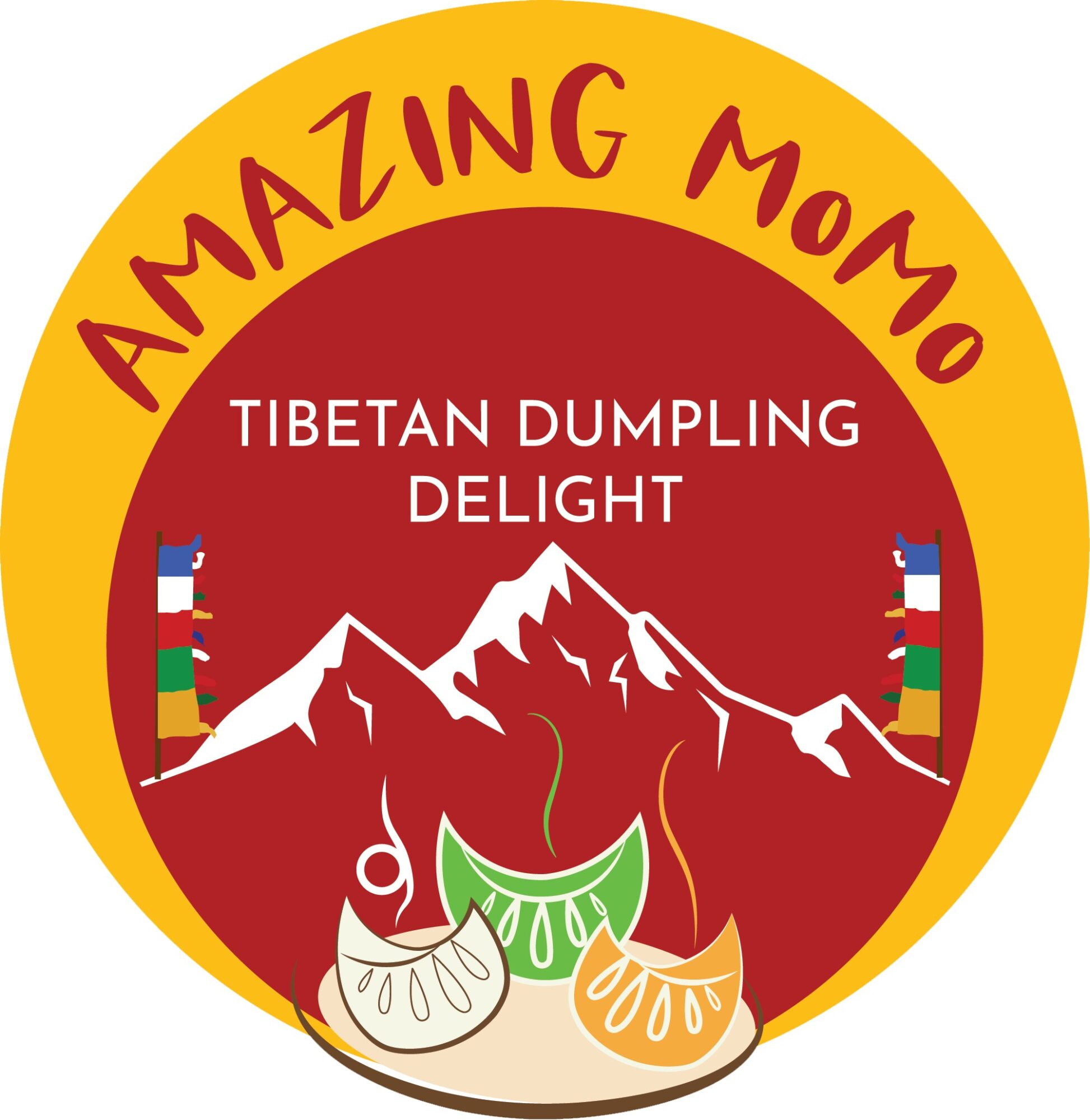Circular logo with yellow border, red background, mountains, and three dumplings with steam, flags, and text.