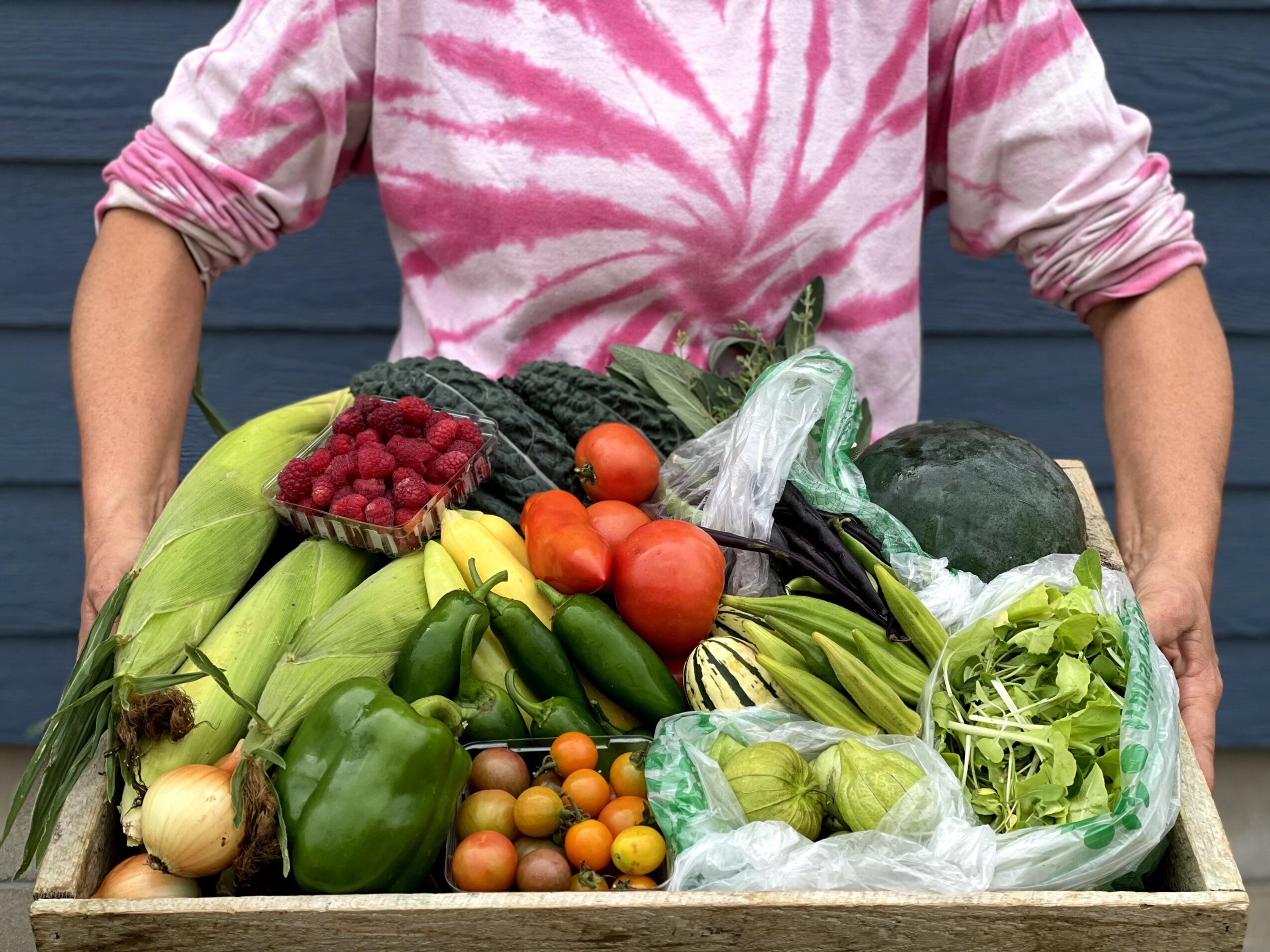 Person wearing pink and white tie-dye shirt with arms on a box of fresh vegetables including peppers, tomatoes, and greens.