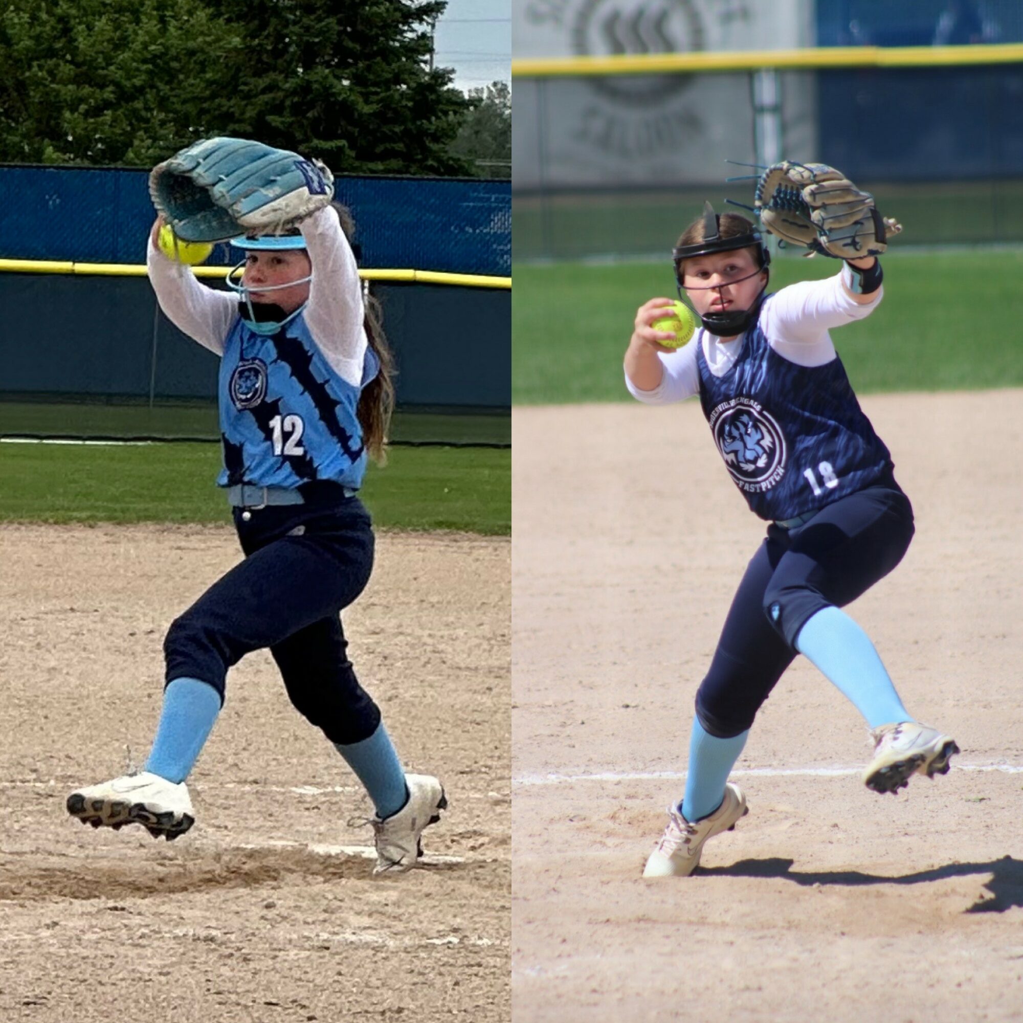 Two female softball players in blue uniforms on the field, one catching and the other preparing to throw.