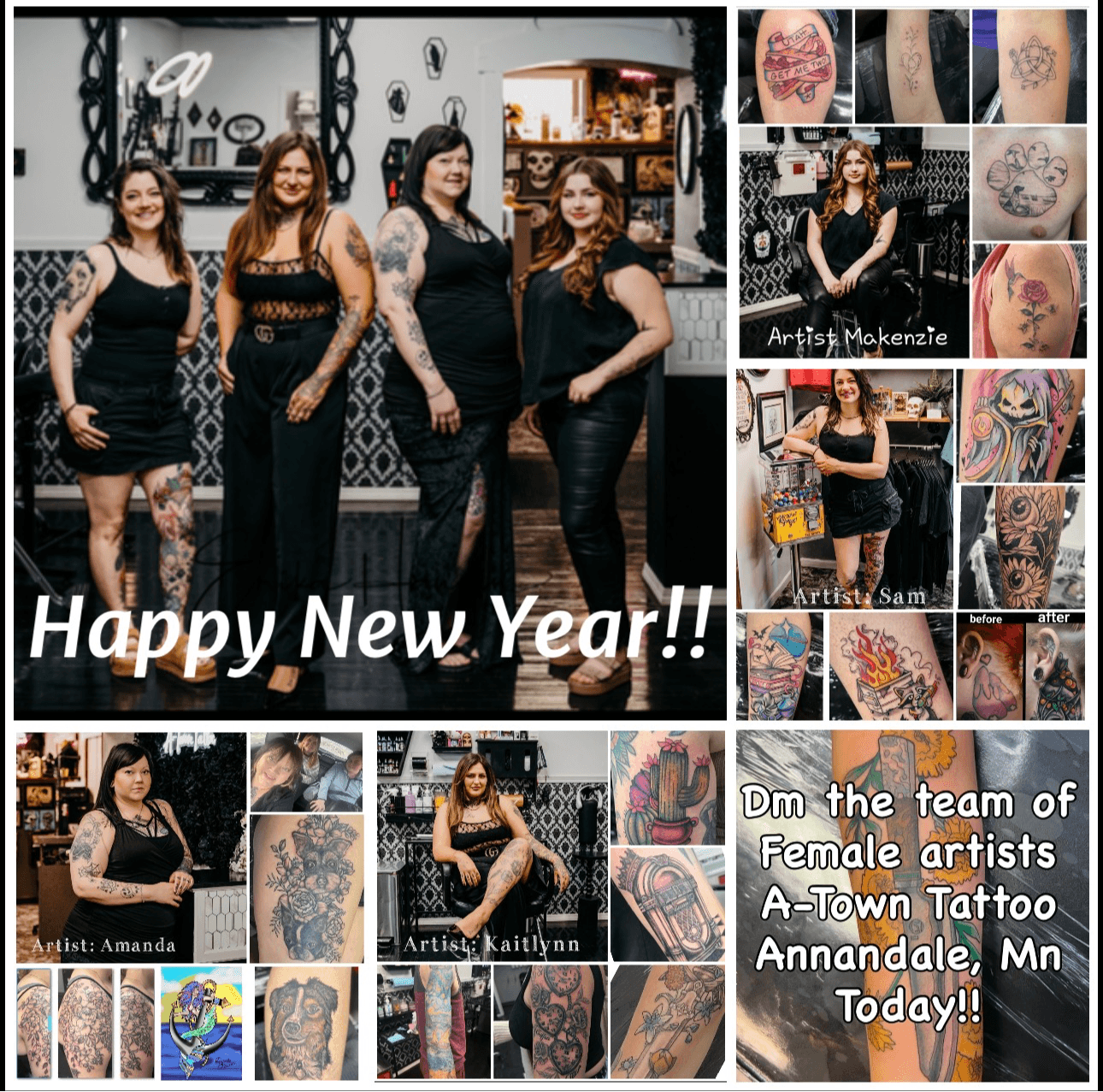 Group of four women in black outfits, tattoos, and smiling, with tattoo images and text celebrating artists and New Year.