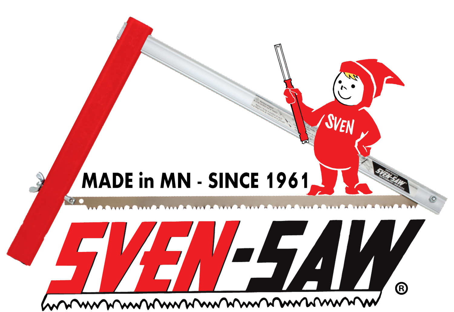 Cartoon elf in red outfit and hat holding a saw, standing on a black surface with red and black text below.