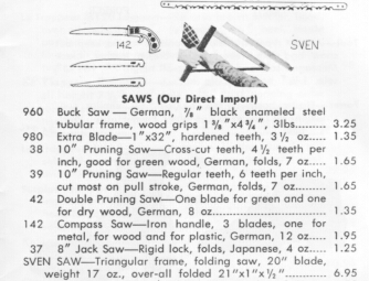 Close-up of a printed catalog page showing various saws with descriptions and specifications.