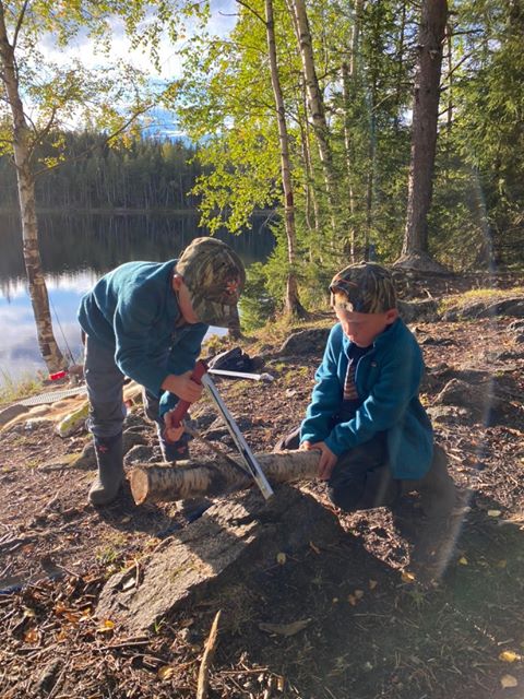 Two children outdoors near a lake, digging in the dirt with tools, surrounded by trees and sunlight.