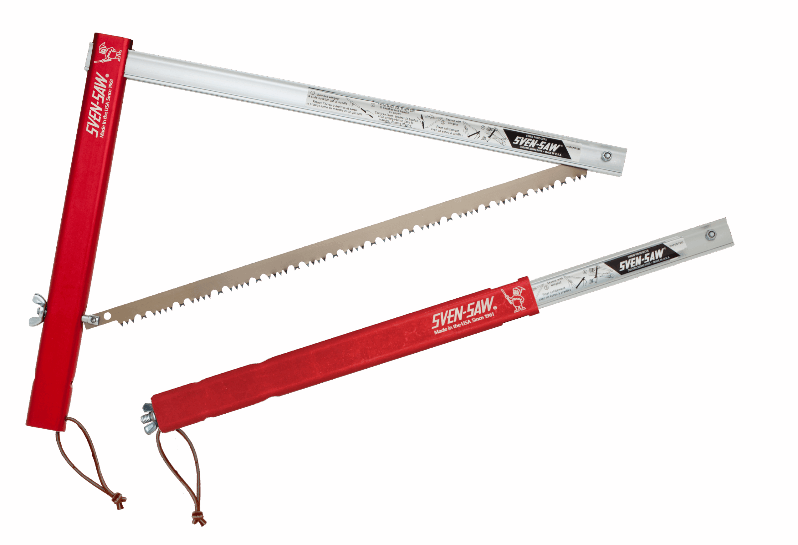 Three saw blades, one with a red handle, one with a white handle, and one with a black handle, on a black background.