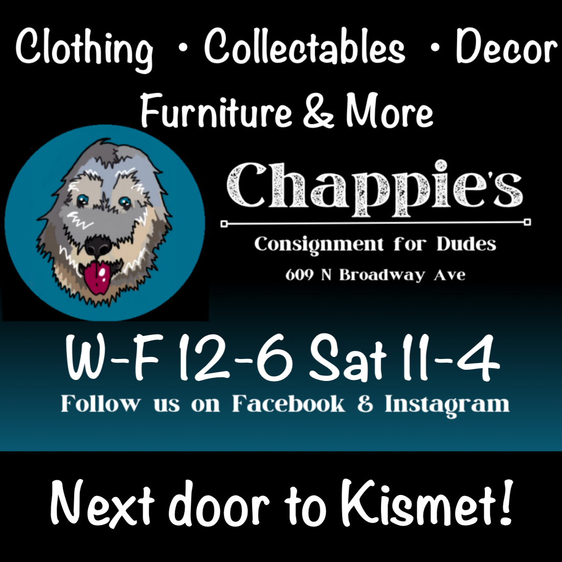 Sign advertising clothing, collectibles, decor, furniture, and more with a dog illustration and social media info.