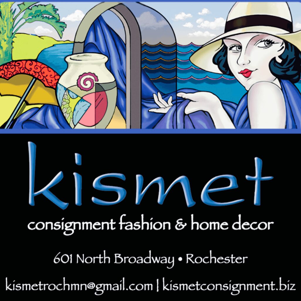 Stylized illustration of a woman with a hat, colorful vases, and a landscape background, with text about consignment fashion and home decor.