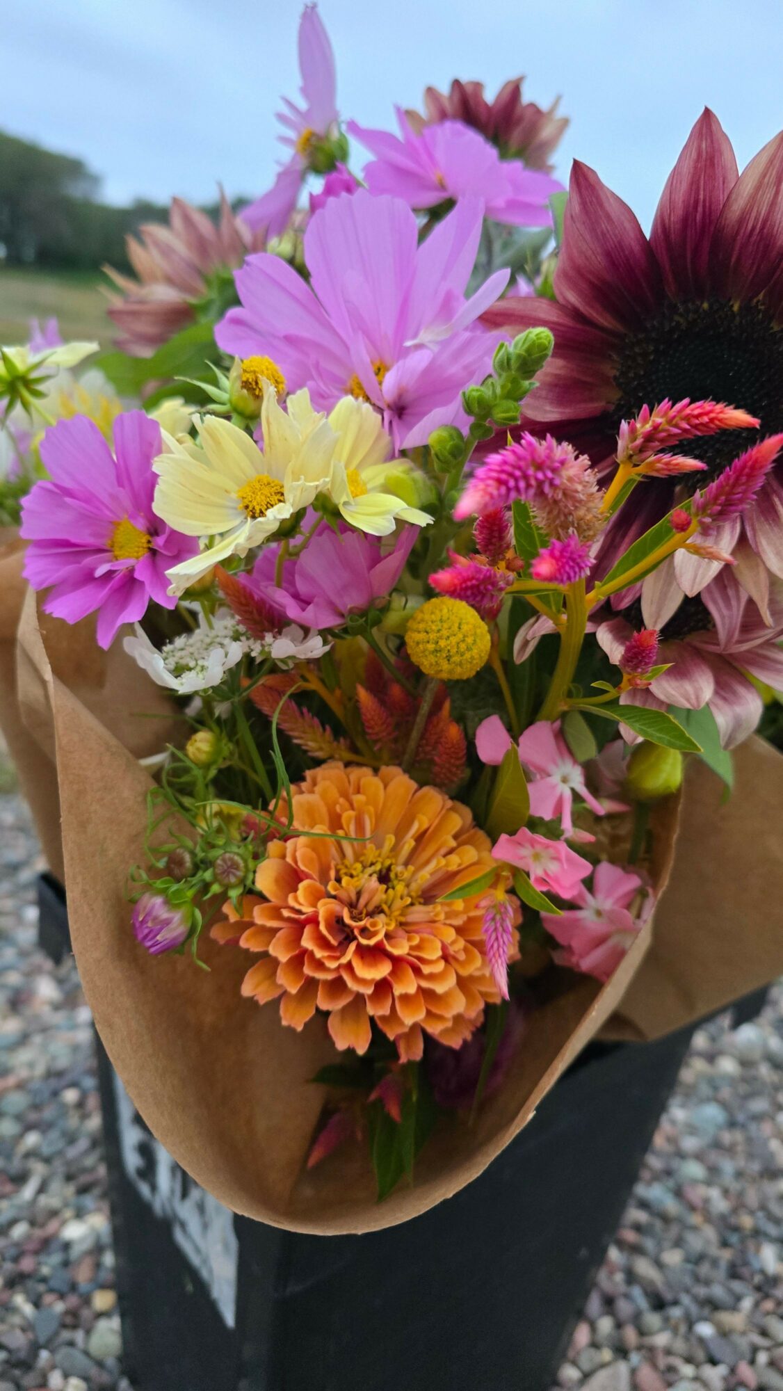 Colorful bouquet of various flowers including pink, yellow, orange, and purple blooms wrapped in brown paper.