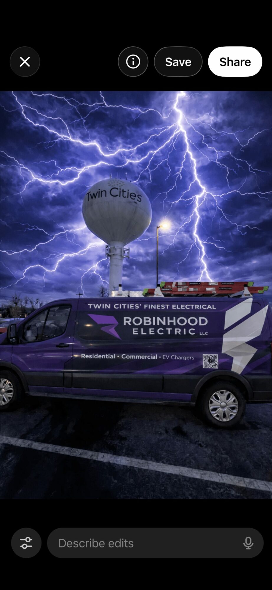 Lightning storm with purple sky behind a water tower and a purple electric vehicle with signage.