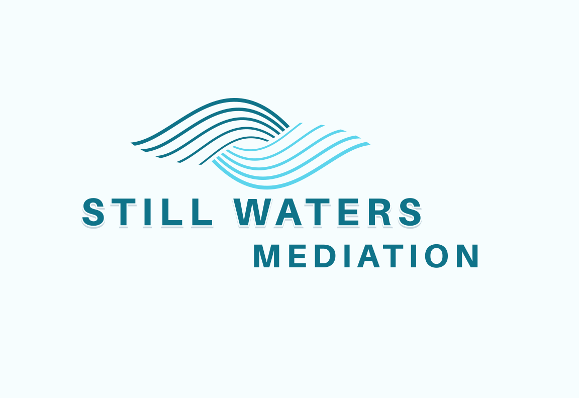 Logo with stylized waves and text 'Still Waters Mediation' on a light background.