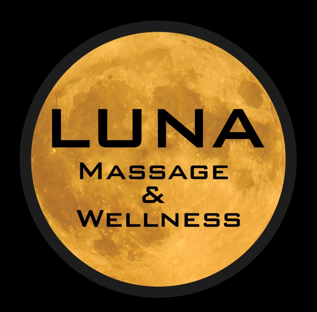 Logo with a full moon background and text for Luna Massage and Wellness.
