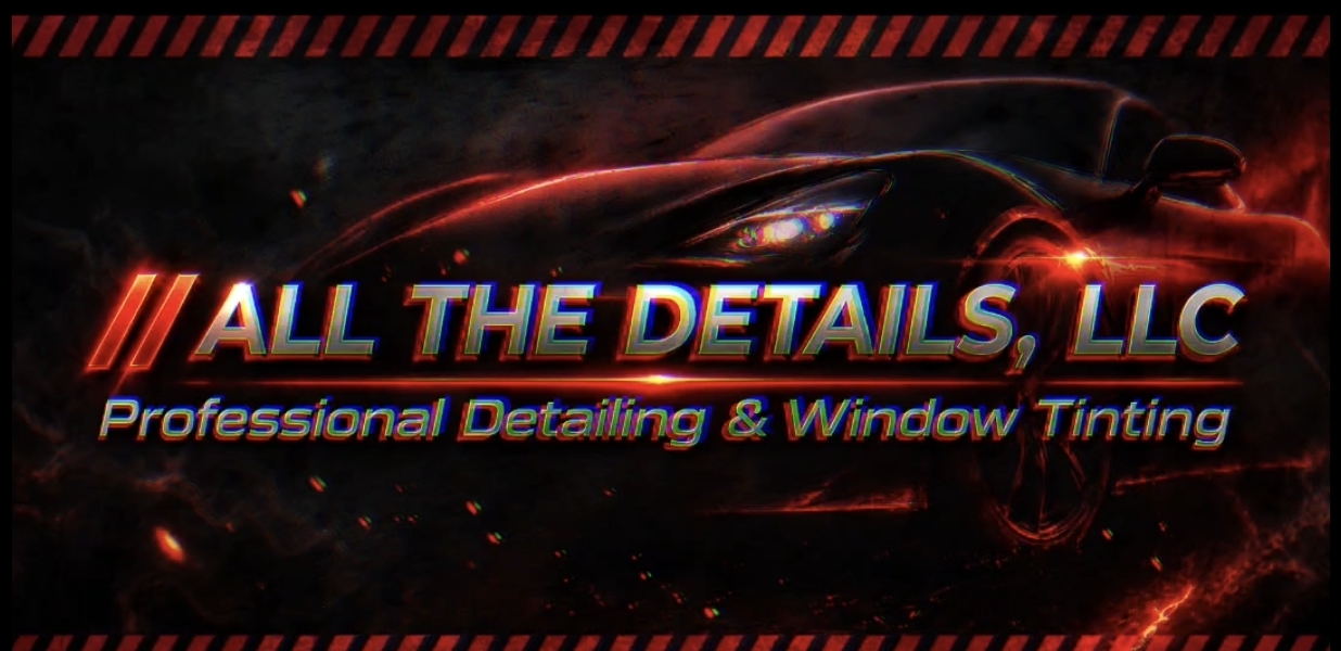 Business banner with a red sports car and text for a detailing and window tinting service.