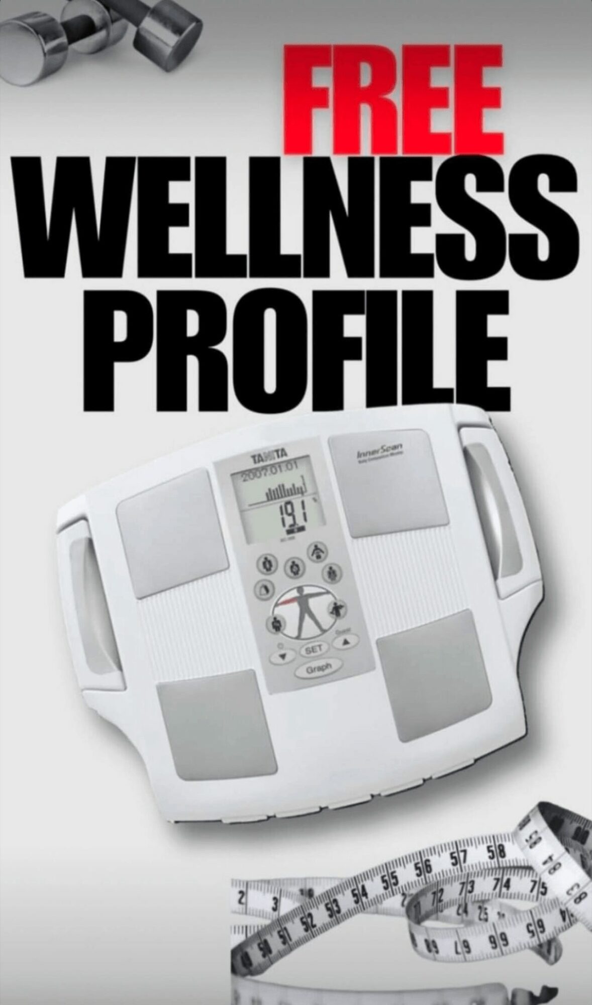 Promotional image of a digital wellness scale with a measuring tape below, and bold text offering a free profile.