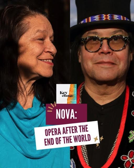 Two people smiling, one woman with long dark hair and a blue top, and a man with glasses and a hat, with a colorful background.
