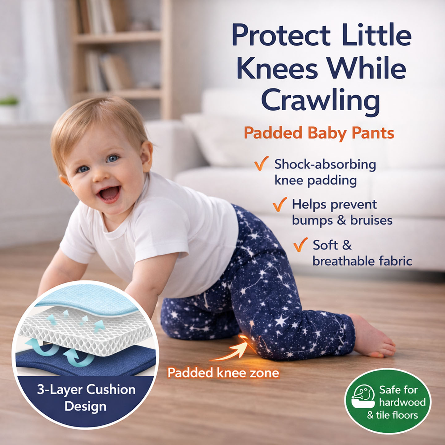 Child crawling on floor wearing padded baby pants, with text about knee protection and cushion design, and a green safety icon.