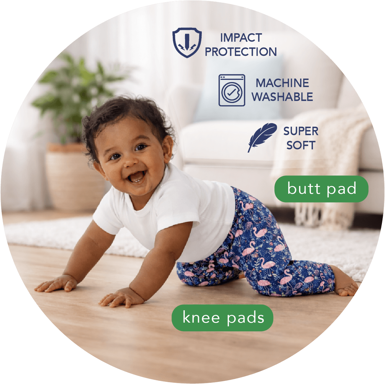 Child crawling on floor with text about butt pad and knee pads, soft and washable, impact protection, in a bright room.