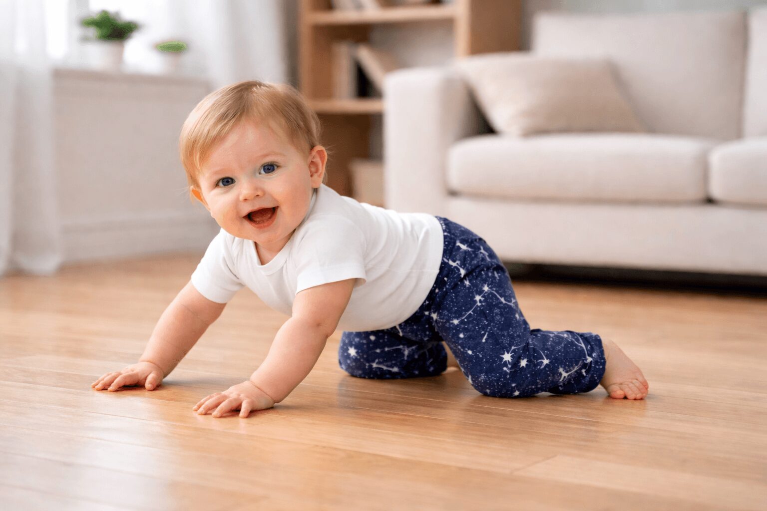 Baby crawling on wooden floor, smiling, in a living room with sofa and bookshelf in background.
