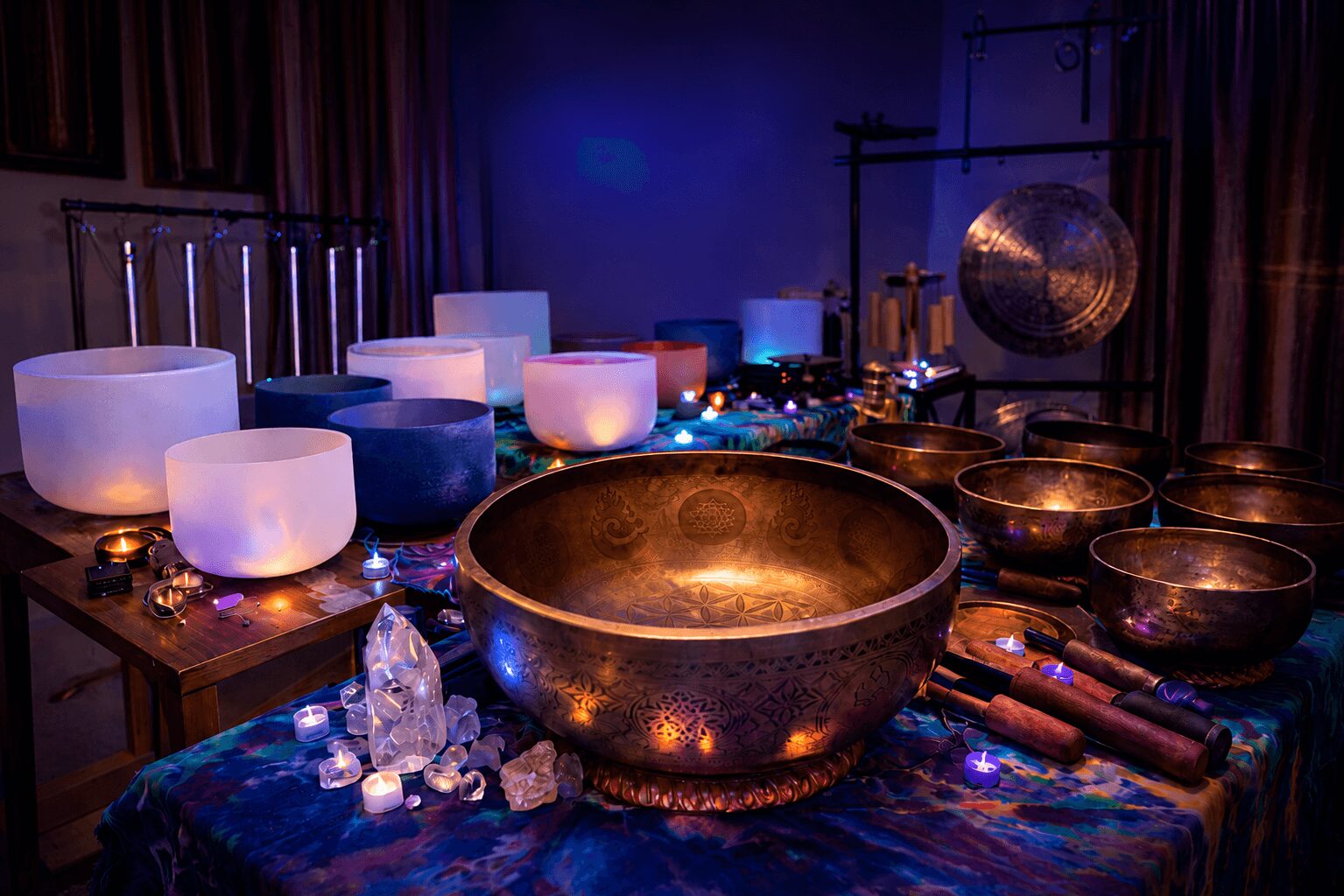 Multiple crystal bowls and singing bowls on a table with candles and crystals, in a dimly lit room with curtains.