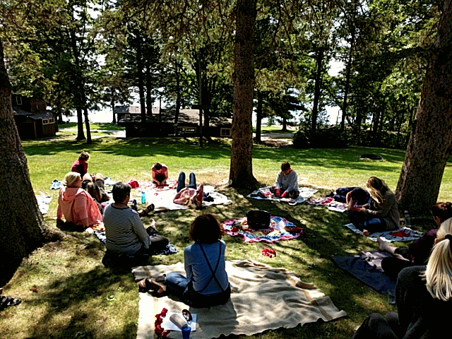 People sitting on blankets and mats under trees in a park, enjoying a sunny day, with water and trees in the background.
