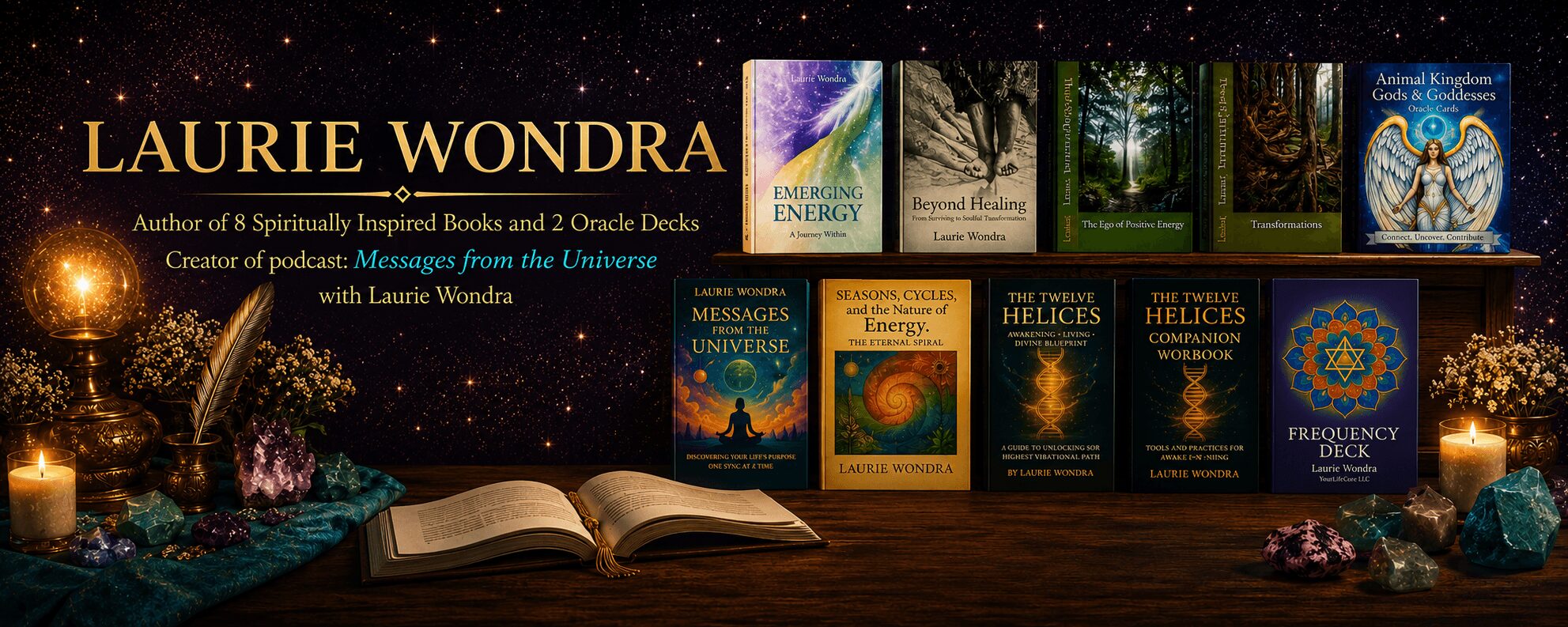 Open book with a starry night sky background, surrounded by multiple book covers, and glowing fairy lights.