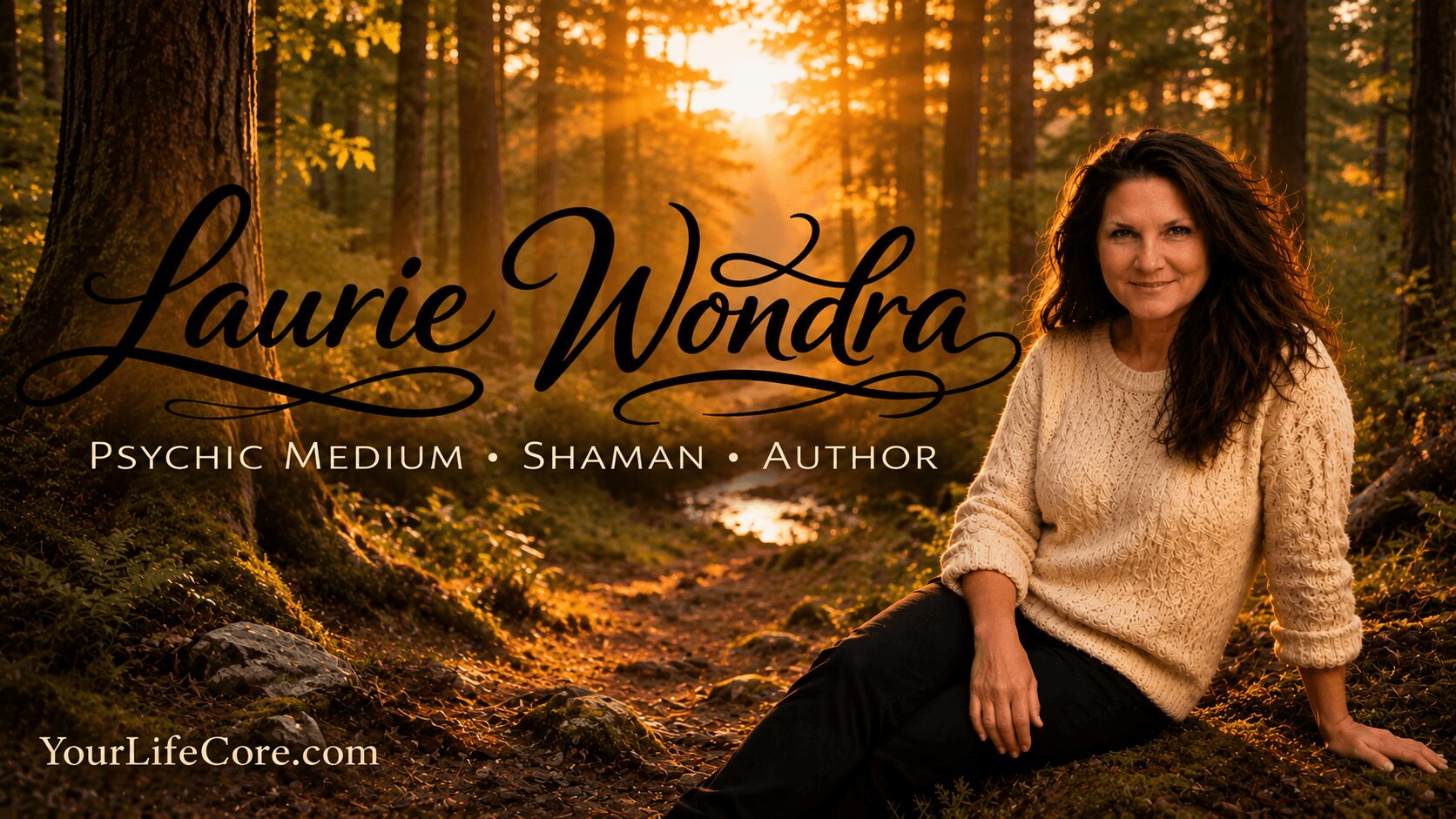 Woman with curly hair sitting outdoors in a forest at sunset, smiling, wearing a beige sweater, with text overlay.