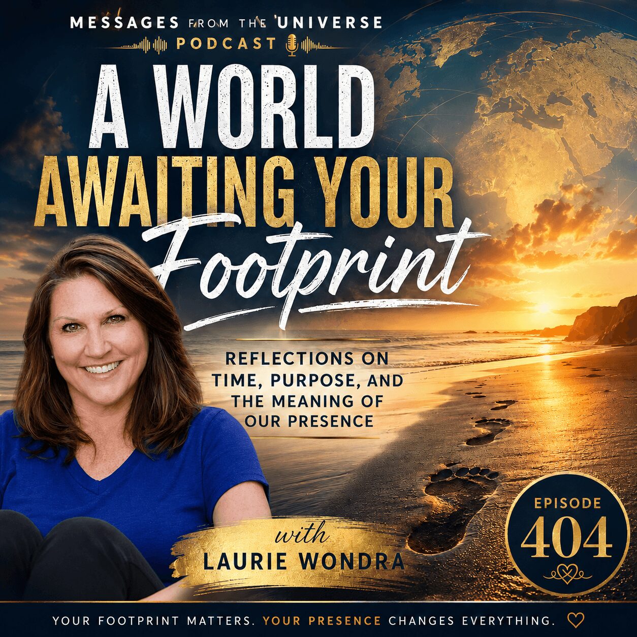 Sunset over ocean with text about a podcast episode, woman smiling in blue shirt, and a dark silhouette of a person.