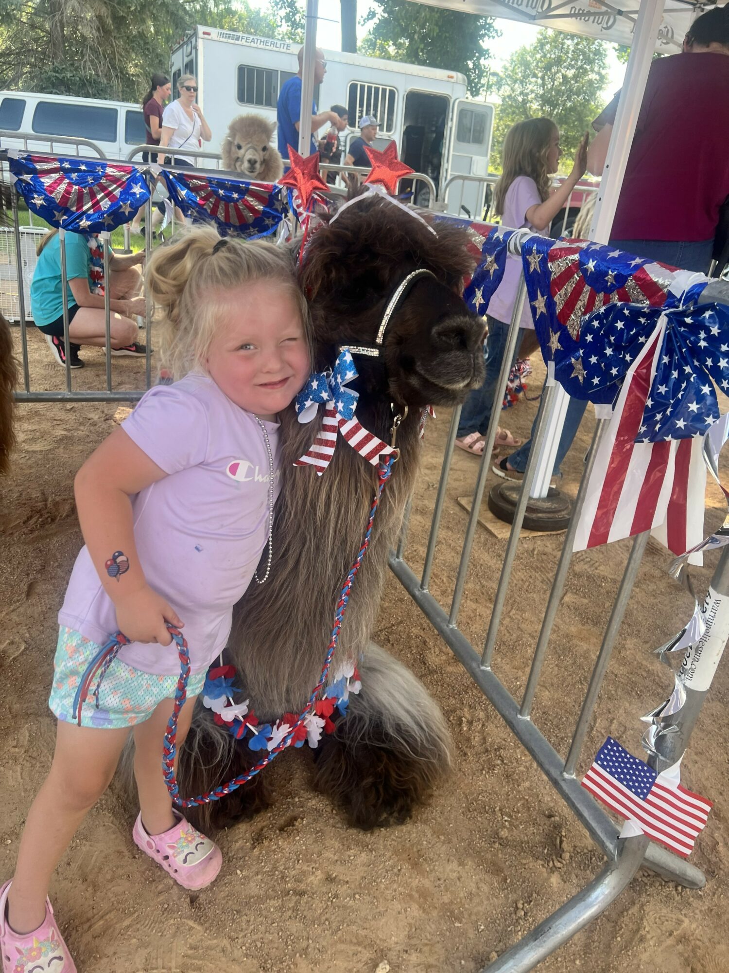 Young girl hugging a small pony decorated with American flags at a fairground, surrounded by people and patriotic decorations.