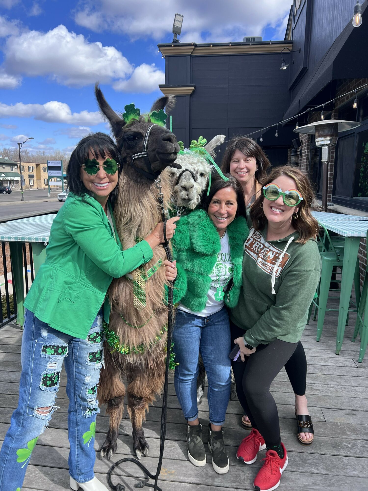 Four women and a llama costume person pose outdoors on a rooftop deck, smiling with a blue sky and clouds behind.