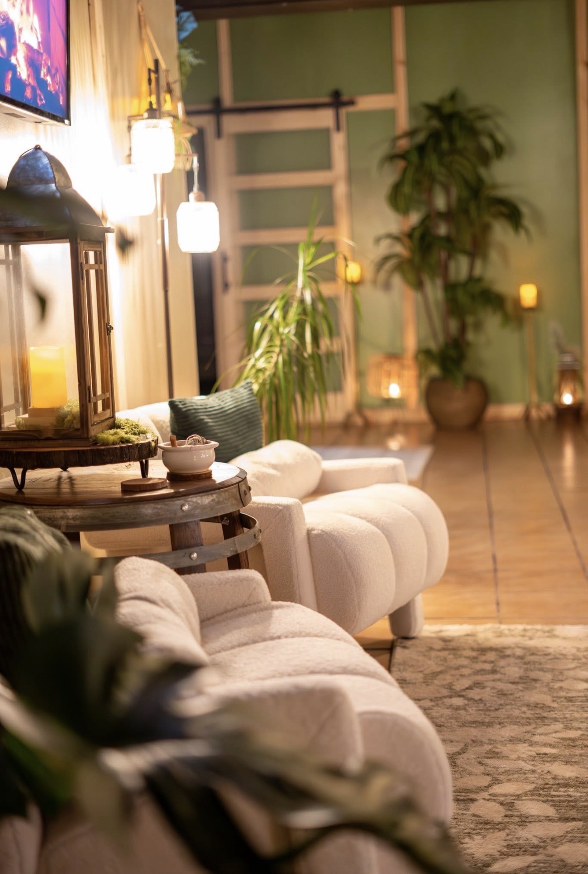 Living room with white sofa, wooden table, green plants, and warm lighting, viewed from the side.