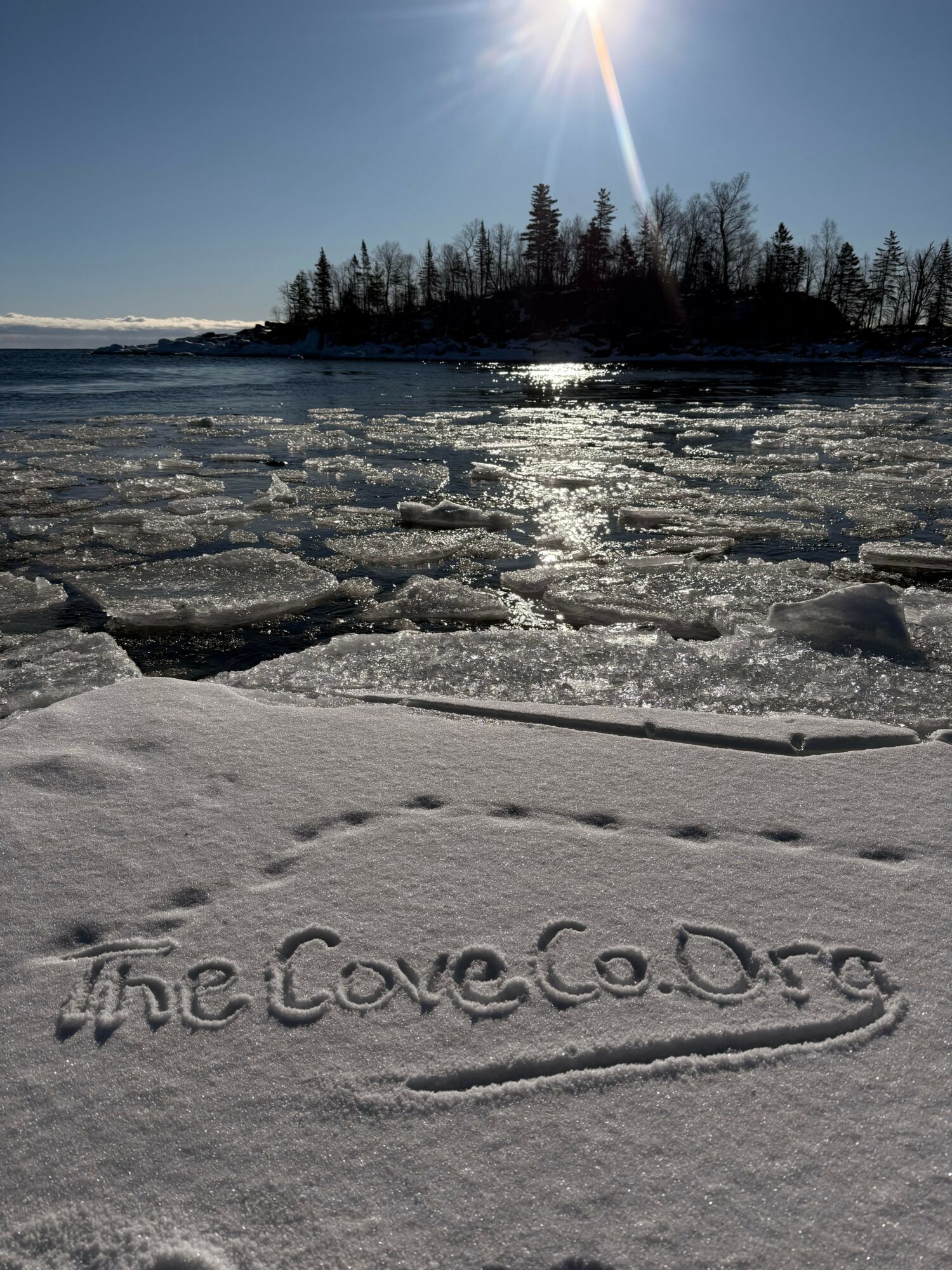 Snowy shoreline with trees and a bright sun, with the words 'the love' written in the snow.