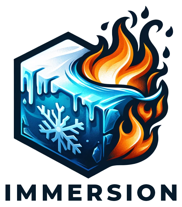Ice cube with snowflake on one side and flames on the other, representing immersion in cold and heat.