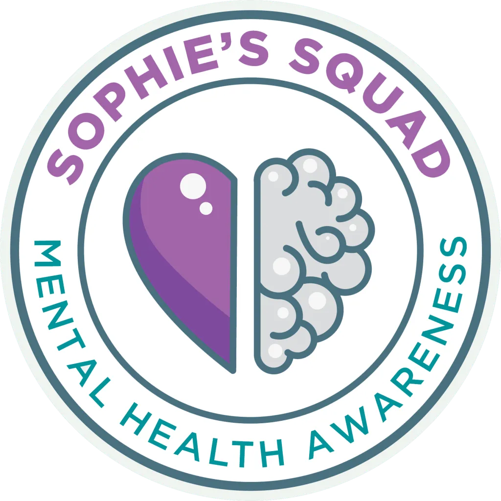 Logo with a heart and brain, text reads 'Sophie’s Squad' and 'Mental Health Awareness'.