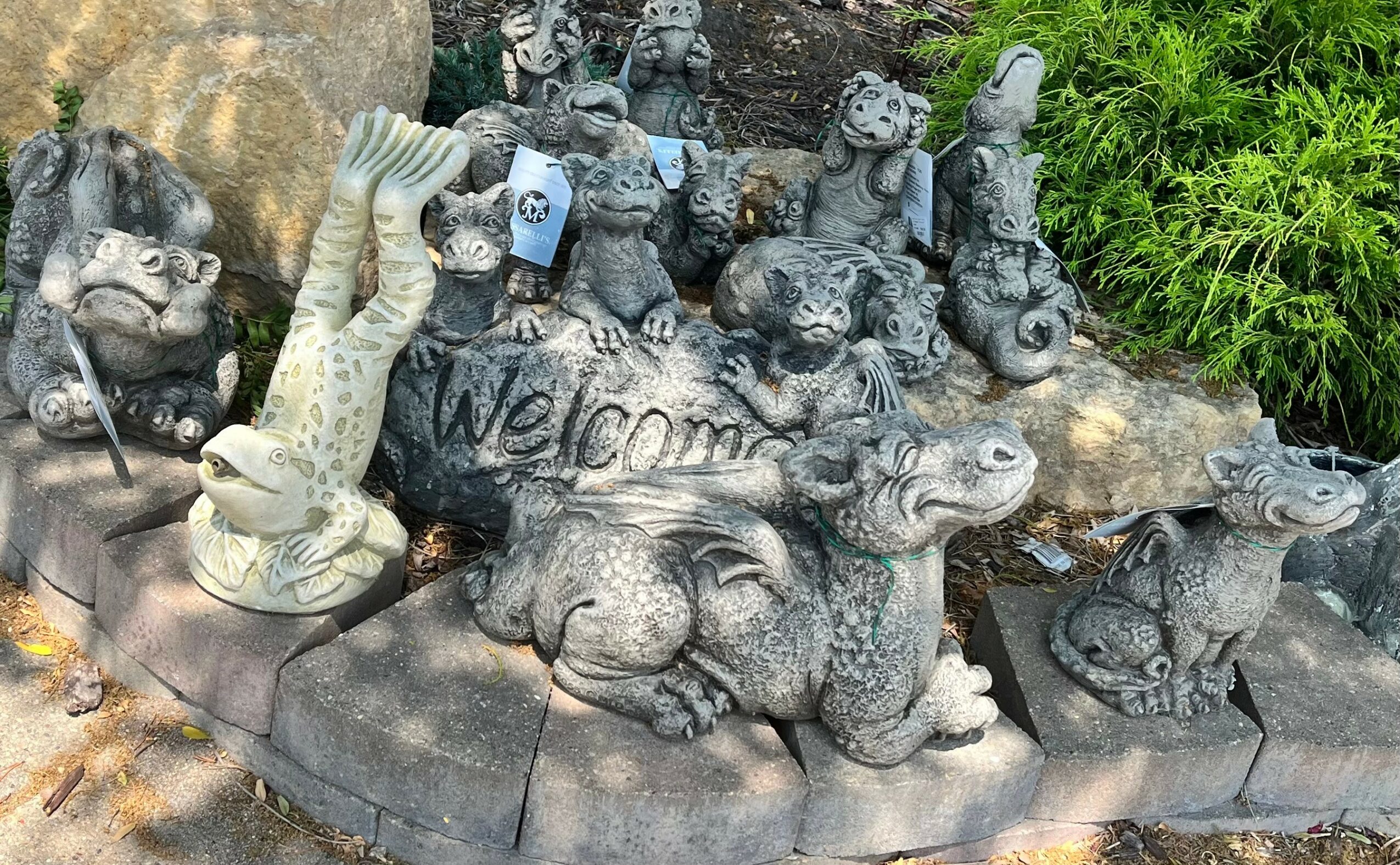 Collection of frog and lizard garden statues with a 'Welcome' sign, surrounded by rocks and greenery.