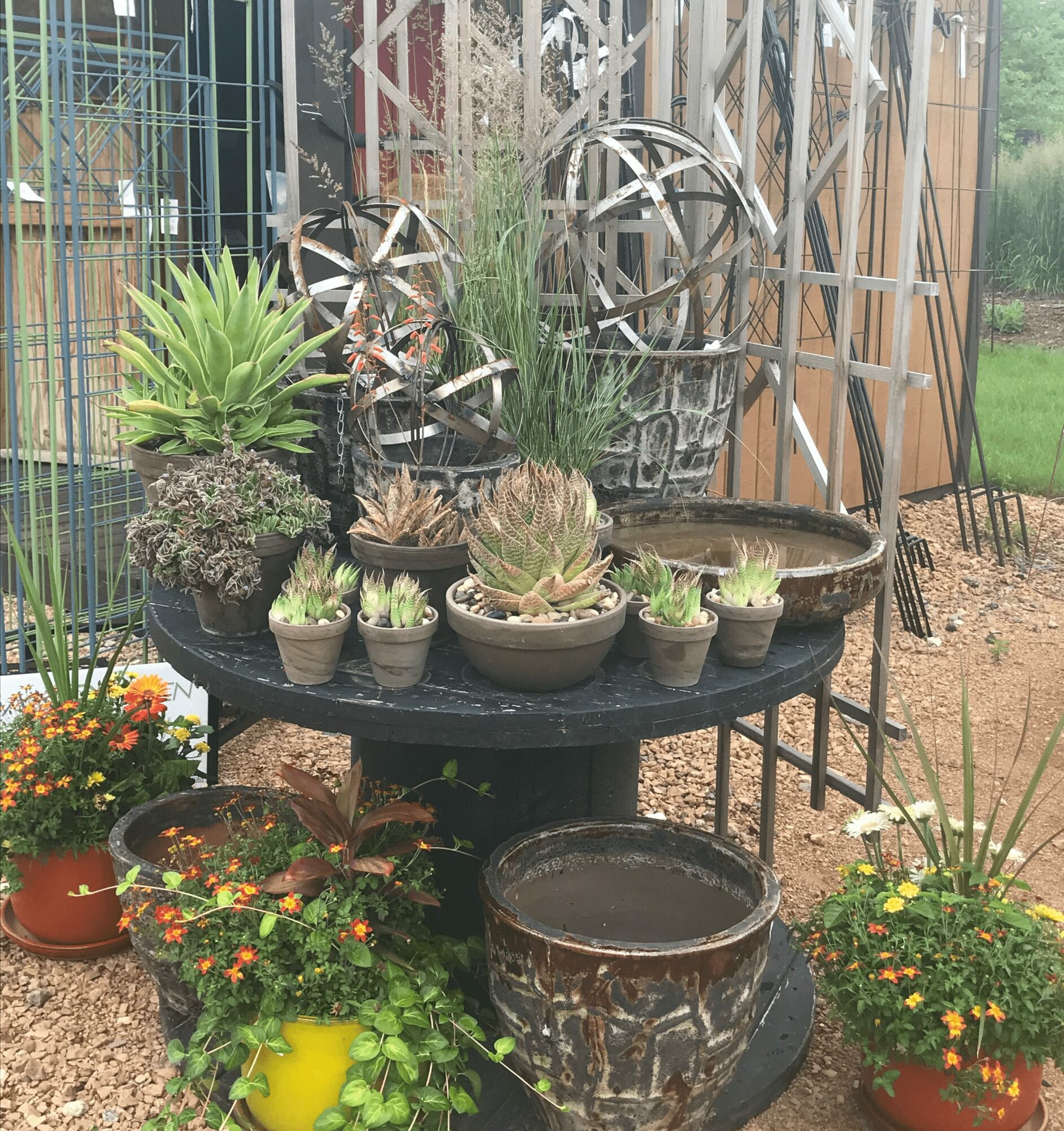 Outdoor garden display with potted plants, decorative metal spheres, and garden ornaments on a black round table.