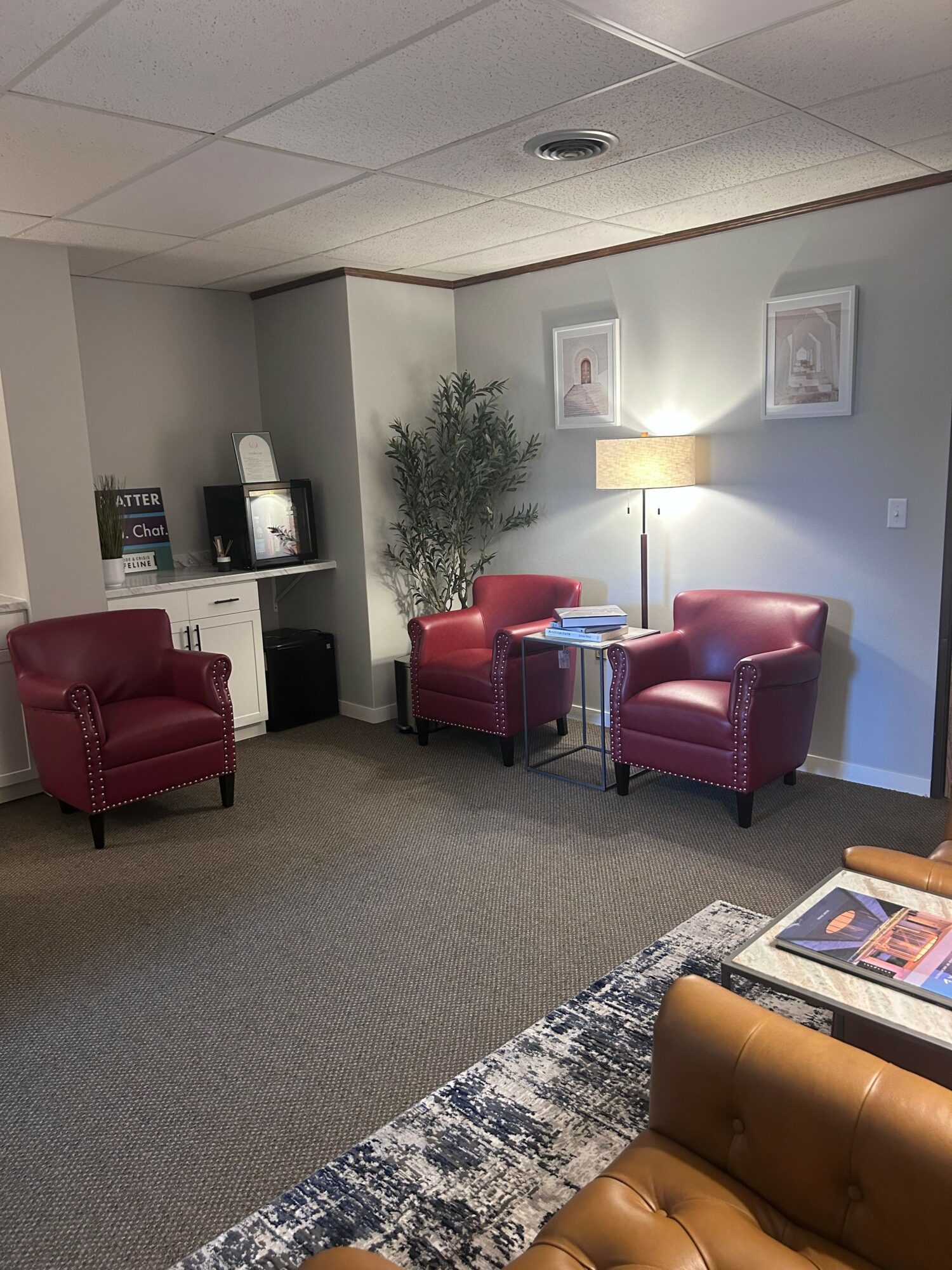 Waiting room with red chairs, a small table, a bookshelf, and a potted plant, with framed pictures on the wall.