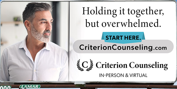 Man with gray hair and beard looking to the side, text about counseling, logo, and website on screen.