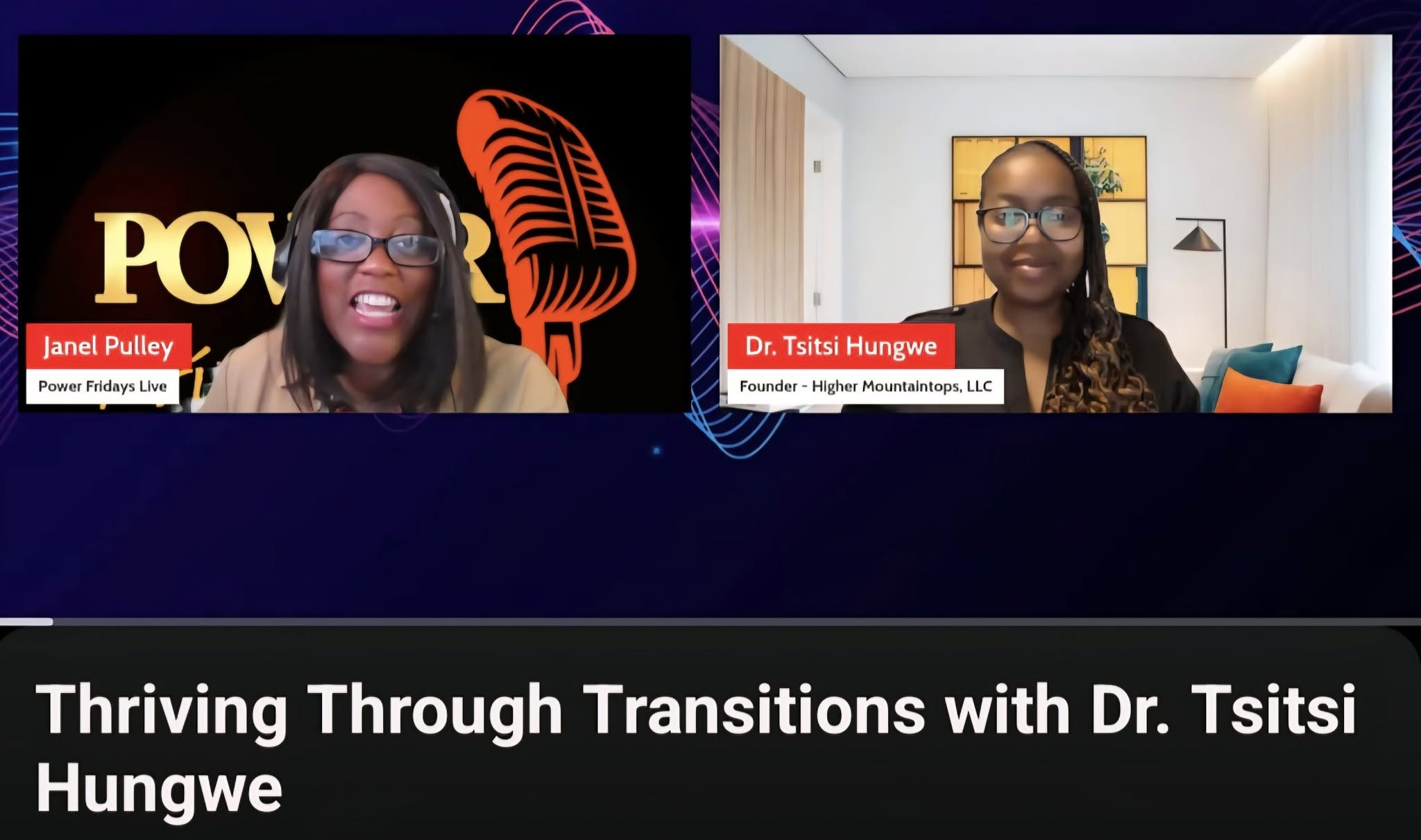 Two women speaking in a virtual event, with a black background and a title slide reading 'Thriving Through Transitions with Dr. Tsitsi Hungwe'.