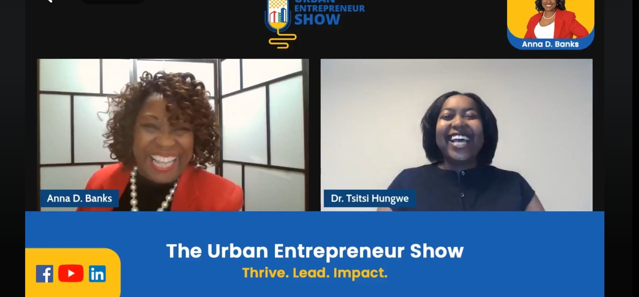 Two women smiling during a virtual event, with a blue banner reading 'The Urban Entrepreneur Show' and social media icons.