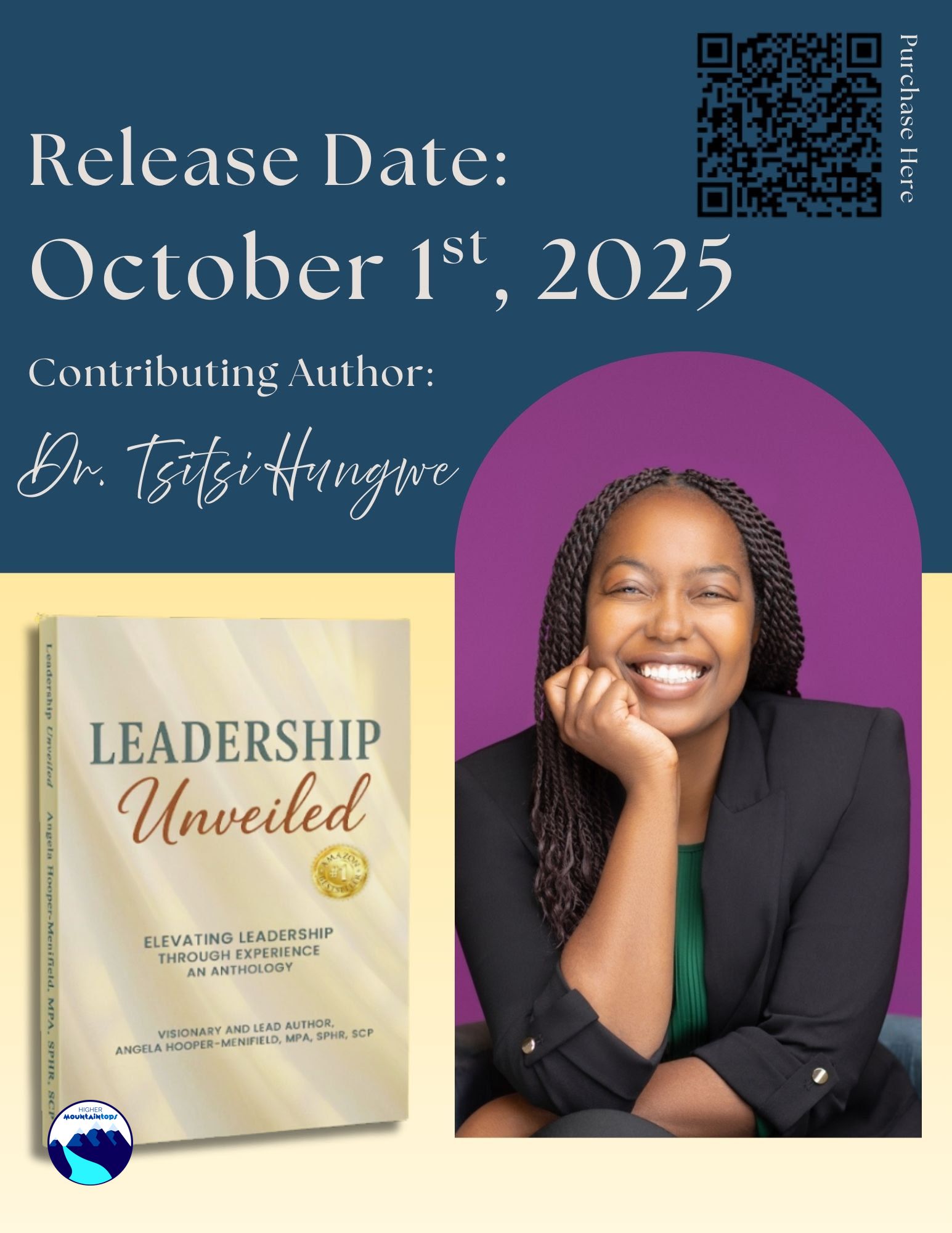Book cover titled 'Leadership Unveiled' with a smiling woman in a black blazer, purple background, and release date October 1st, 2025.