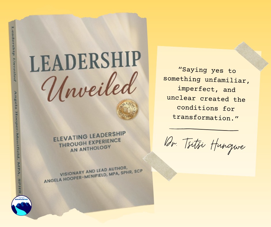 Book titled 'Leadership Unveiled' with a quote on a sticky note, yellow background, and tape. Word count: 27.